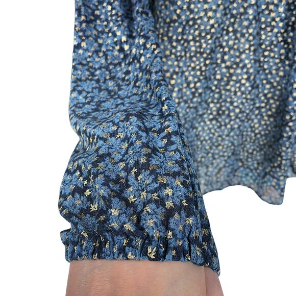 MICHAEL Michael Kors Blue Gold Leaf Smocked Sheer Popover Top Size M - Picture 4 of 7